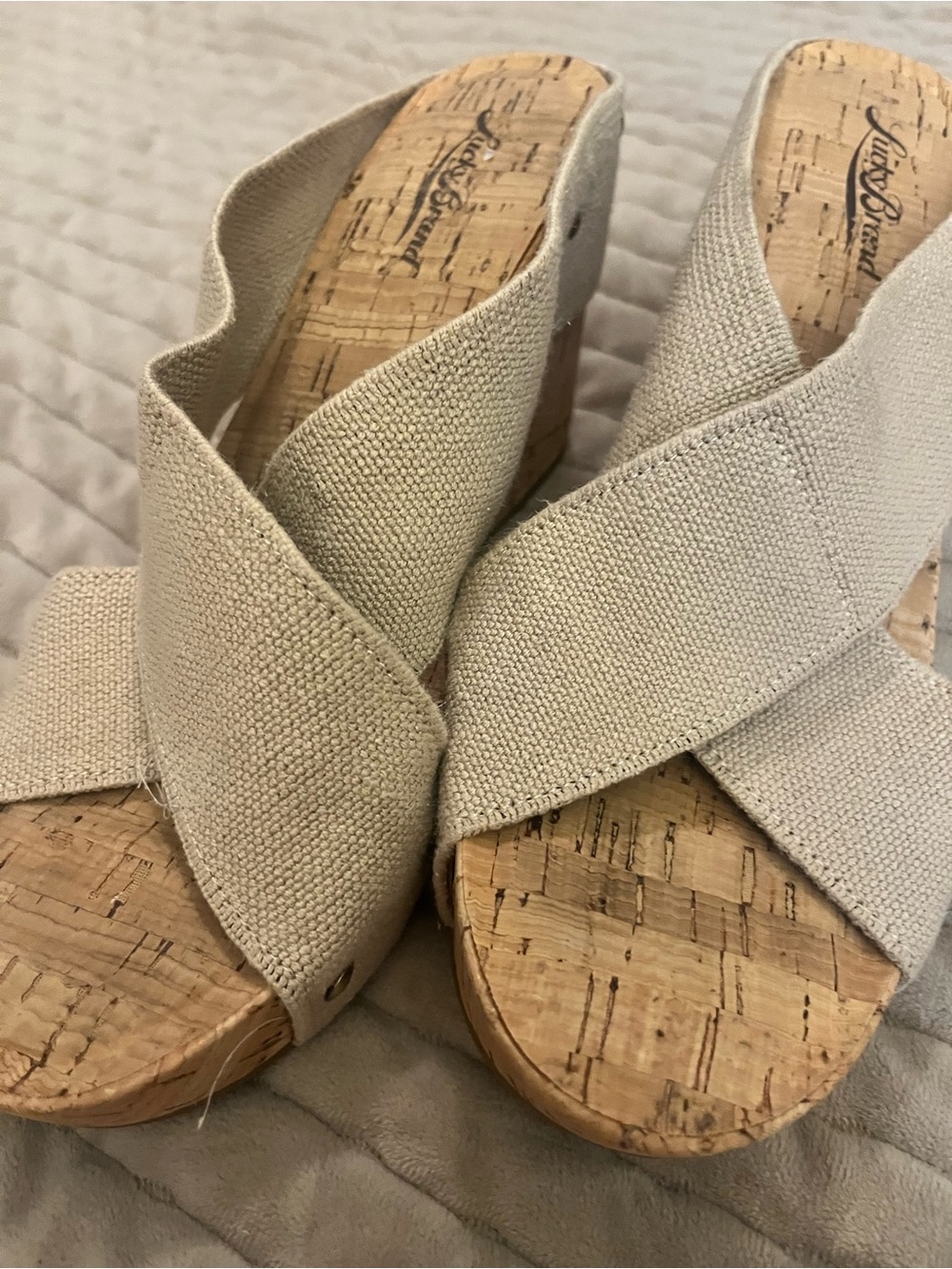 Lucky Brand Beige Canvas Crisscross Wedge Sandals